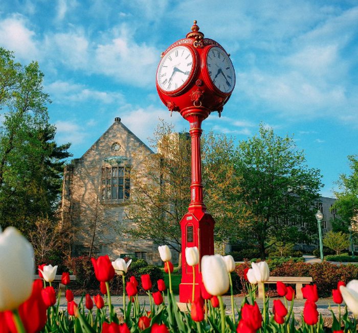 The iconic red clock on Indiana University's campus, Bloomington