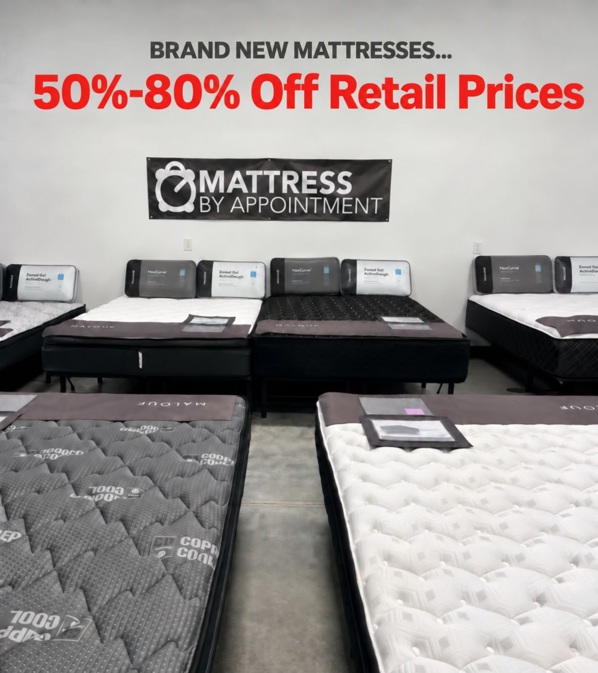Brand-new mattresses on display in the Mattress By Appointment showroom in Bloomington, Indiana